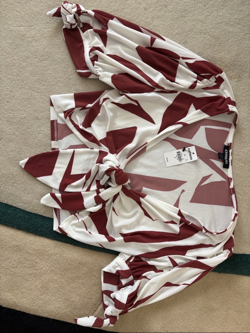 Express Burgundy and White Tie-Front Printed Blouse